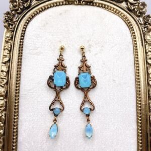 Vintage Brass Filigree Dangling Earrings with Blue Molded Glass Rhinestones